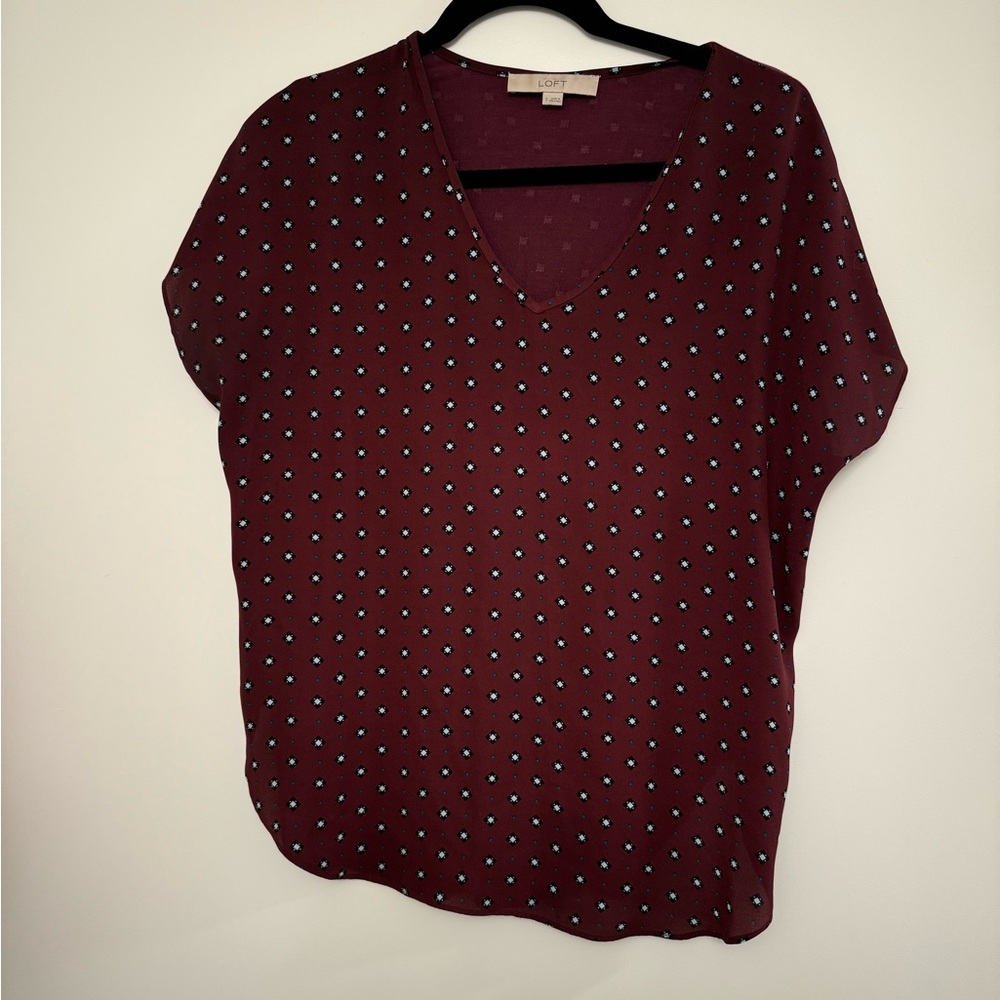 LOFT Maroon Top with Teal Dots and Black/White Diamonds - Size Small